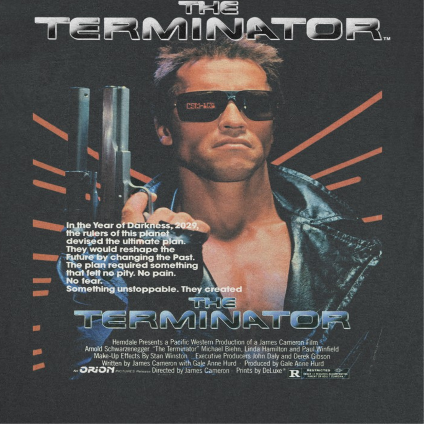 Close up of Terminator T-800 Arnold Schwarzenegger shirt showing sunglasses gun and movie poster graphic detail