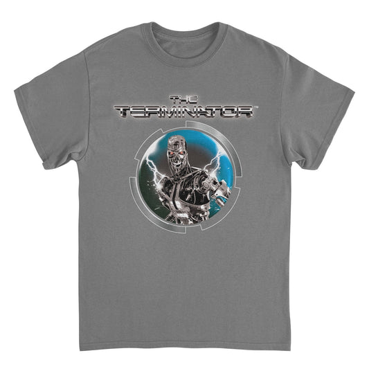 Terminator T-800 lightning t shirt featuring Cyberdyne design with electric circle graphic