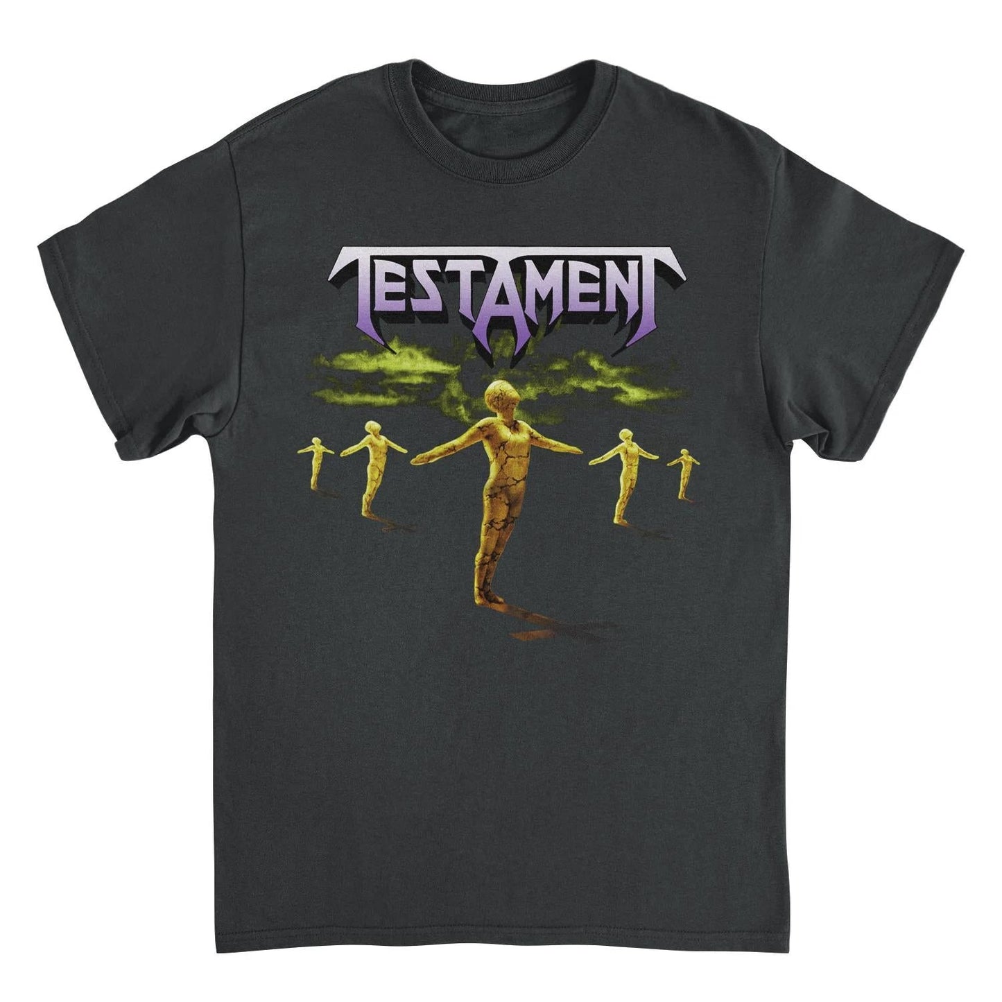 Testament dark figures t shirt with cracked statue artwork and band logo thrash metal graphic tee