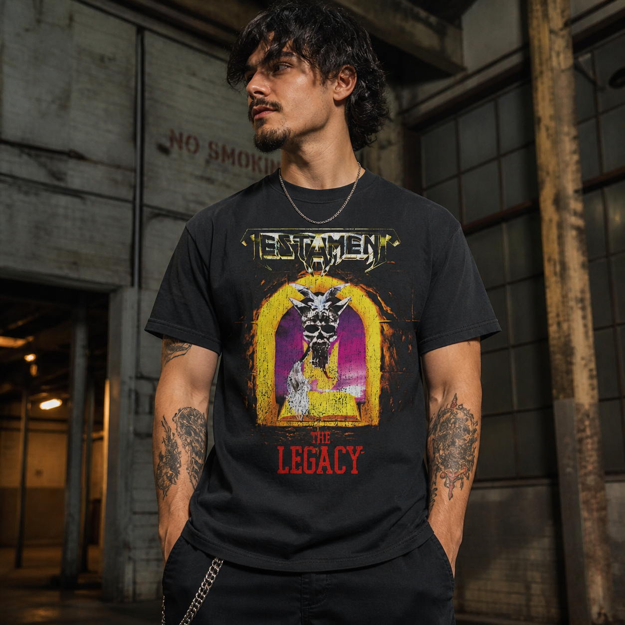 male model wearing Testament The Legacy shirt in industrial setting thrash metal band tee