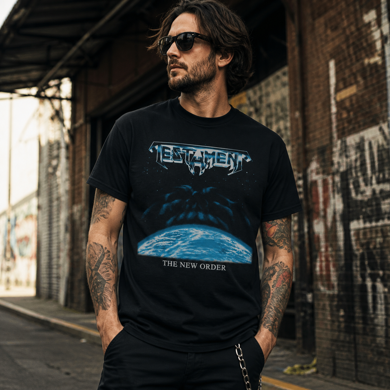 male model wearing Testament The New Order t-shirt in urban street setting with graffiti background thrash metal band tee