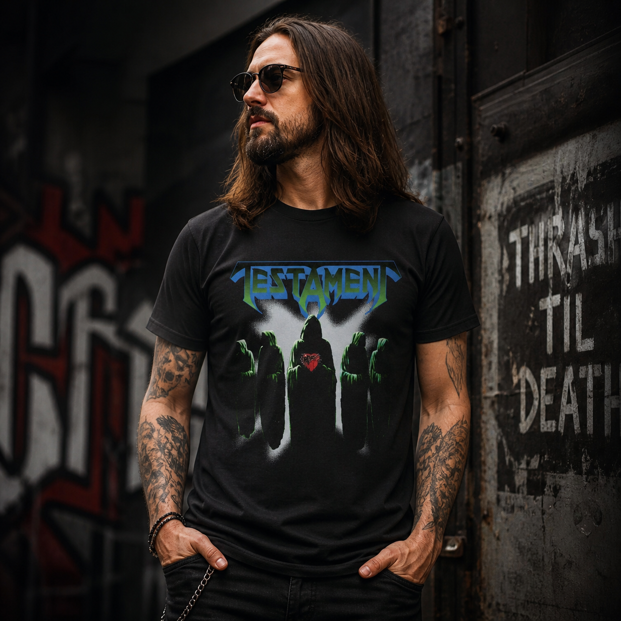 male model wearing Testament Souls of Black t-shirt in urban street setting thrash metal band tee lifestyle image