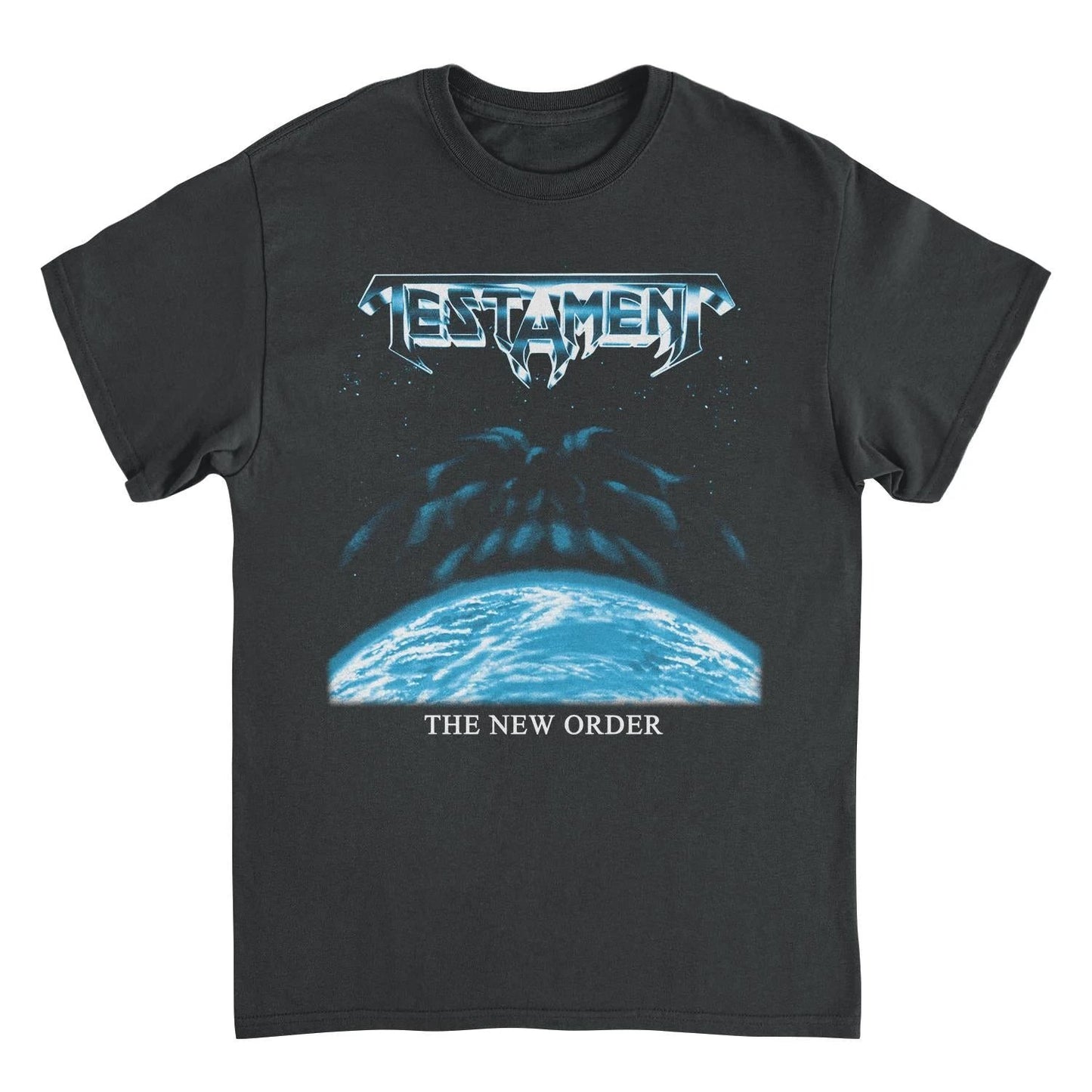 Testament The New Order album cover t-shirt featuring blue planet artwork and thrash metal band logo on black tee