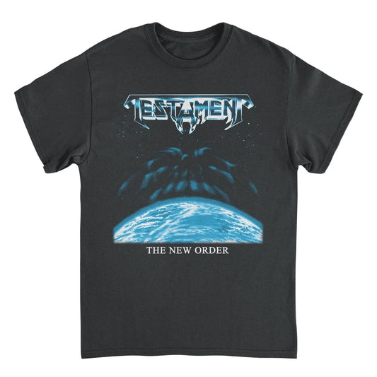 Testament The New Order album cover t-shirt featuring blue planet artwork and thrash metal band logo on black tee