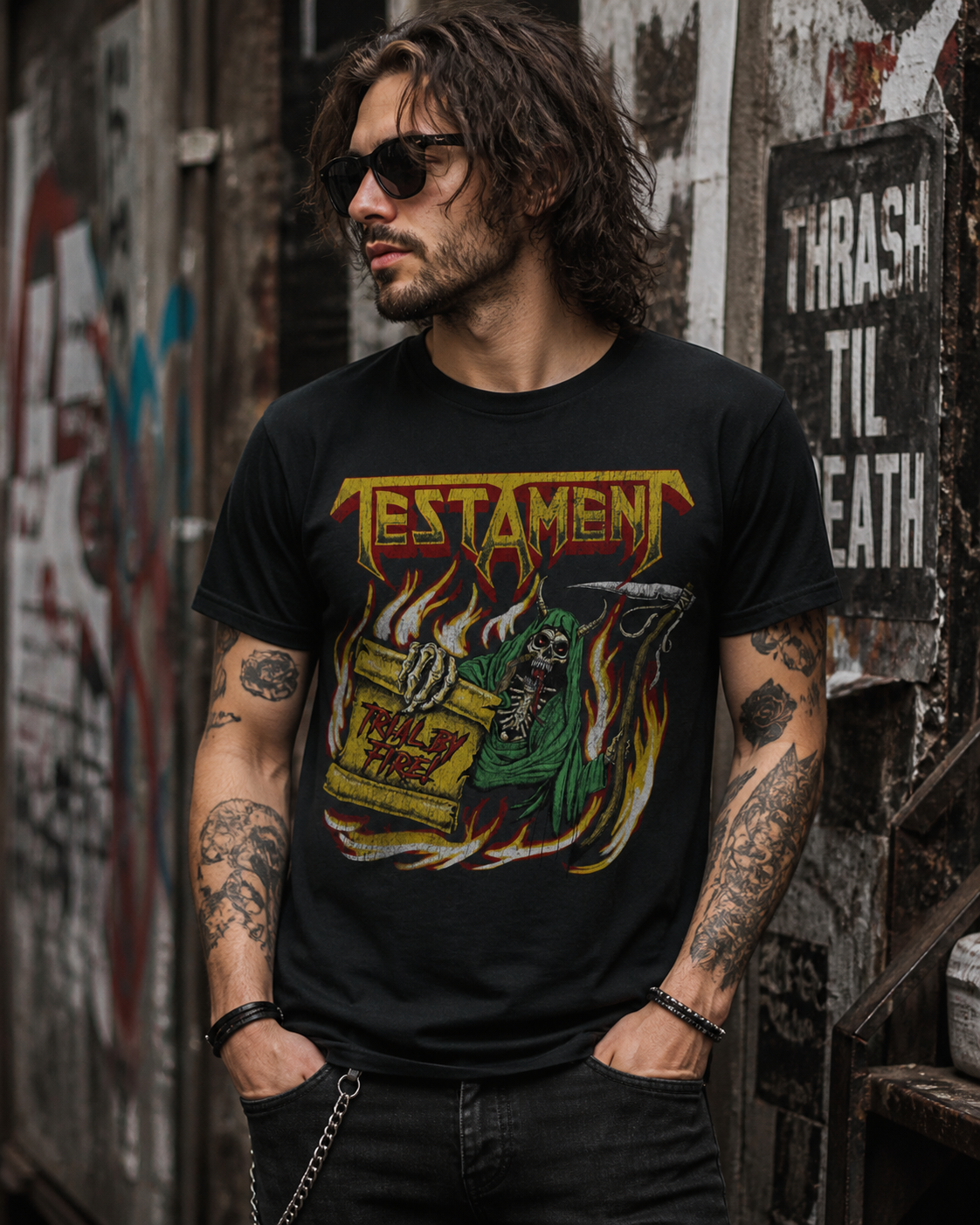 male model wearing Testament Trial by Fire t-shirt in urban street setting thrash metal band tee lifestyle image