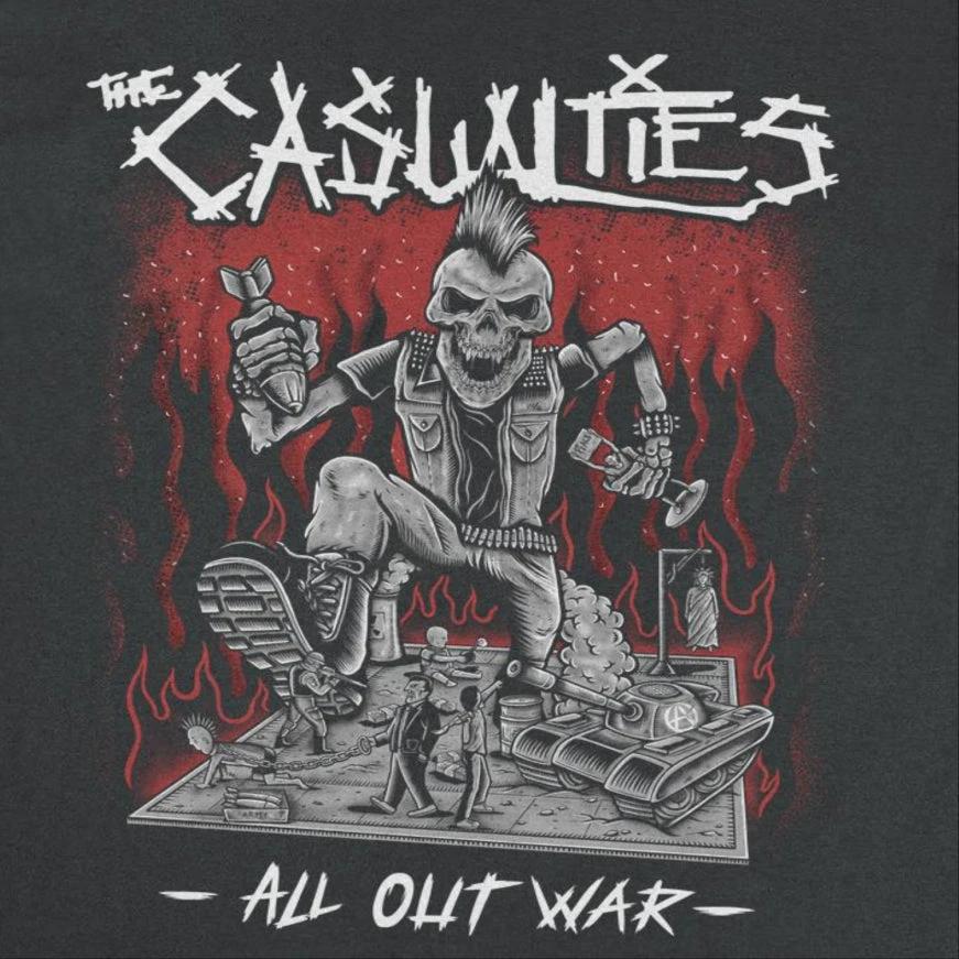 The Casualties All Out War skull graphic punk t shirt design with red background and street punk artwork