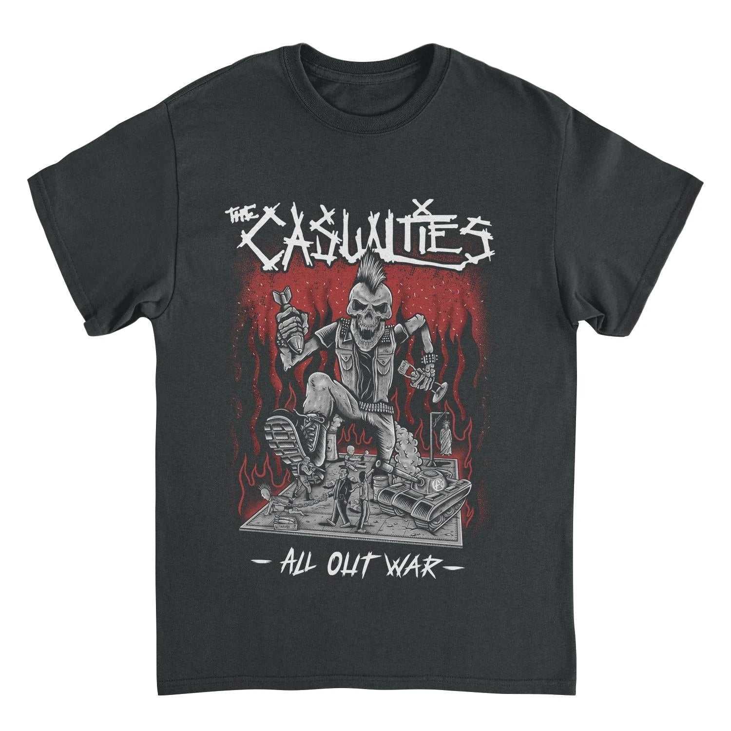 The Casualties All Out War t shirt black front skull graphic punk rock band merch