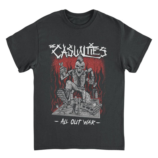 The Casualties All Out War t shirt black front skull graphic punk rock band merch