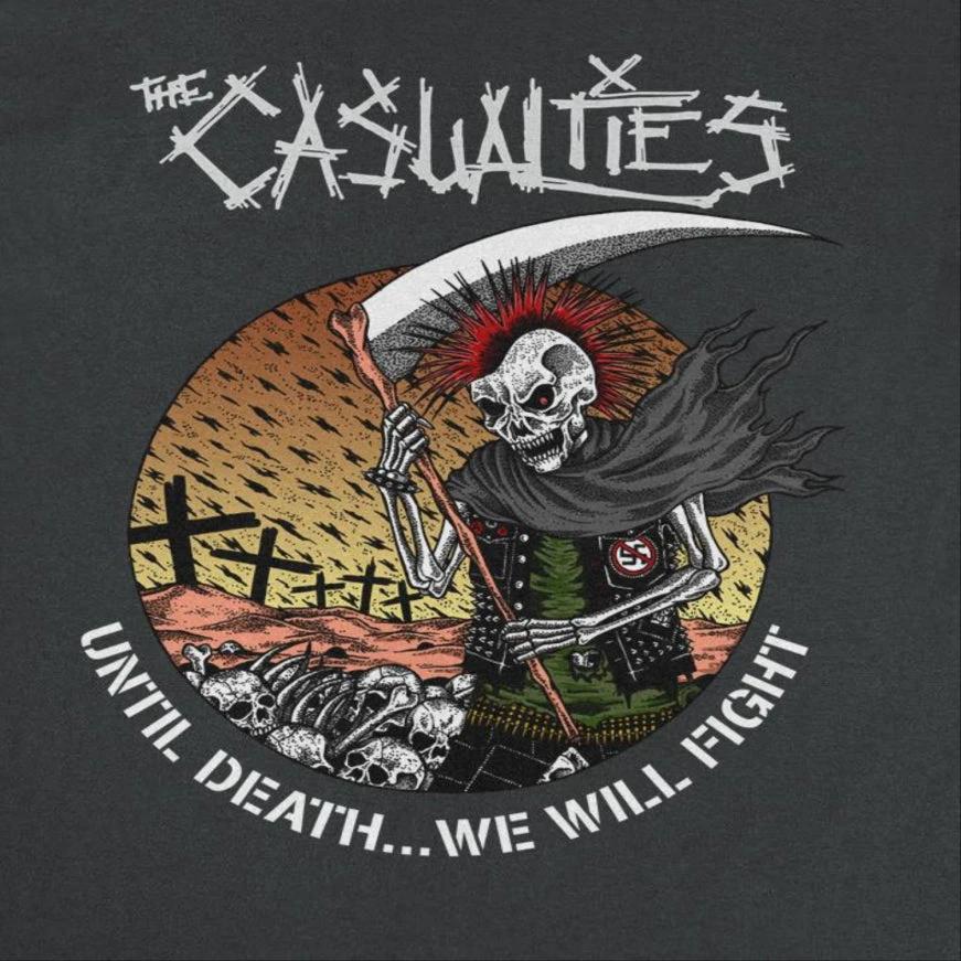 The Casualties Until Death skull reaper graphic punk t shirt design with red mohawk and graveyard artwork