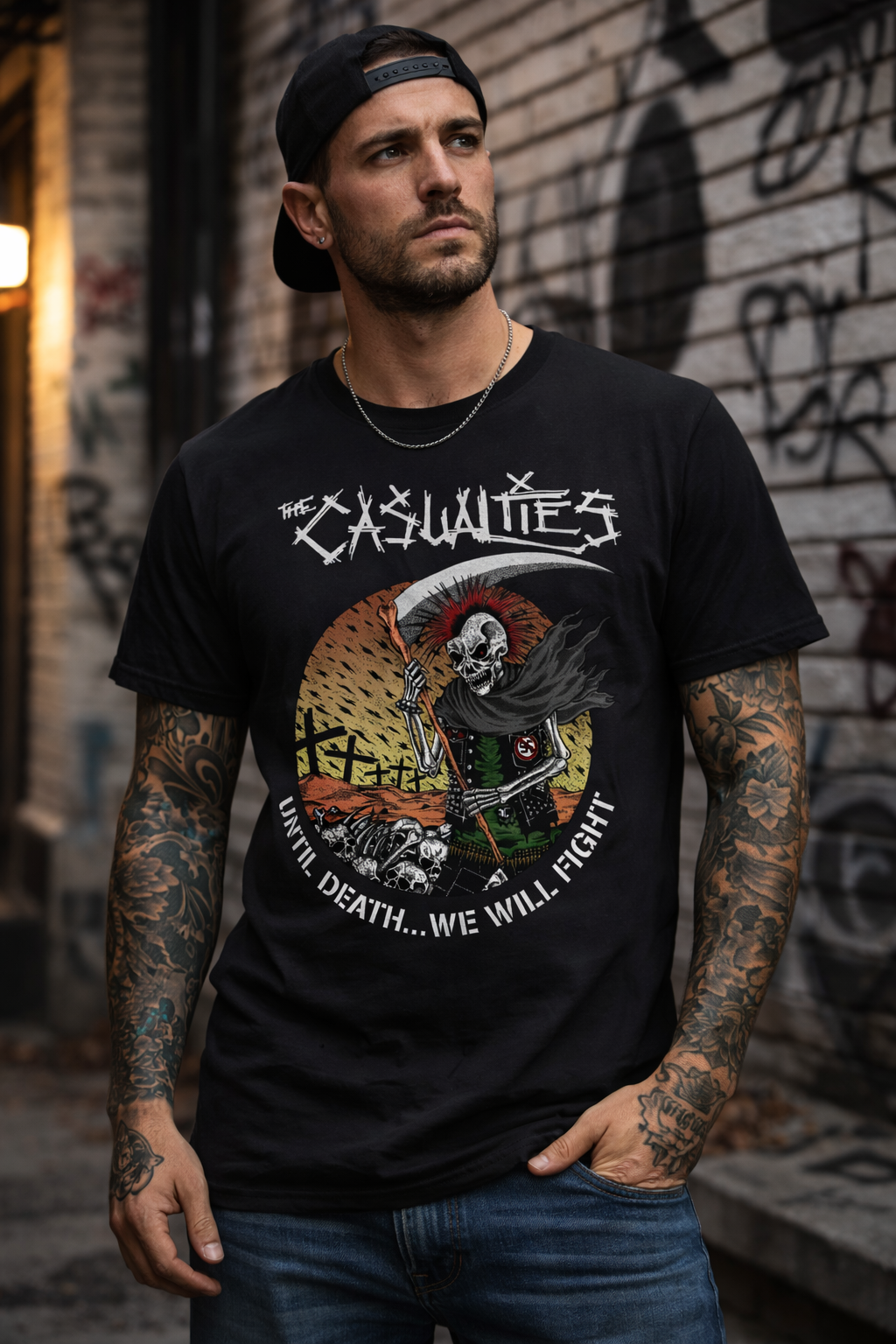 male model wearing The Casualties Until Death t shirt with skull reaper graphic in urban street punk setting