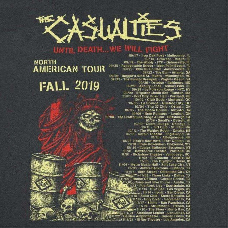 close up of The Casualties Until Death 2019 tour back print showing reaper graphic and tour dates punk band t shirt