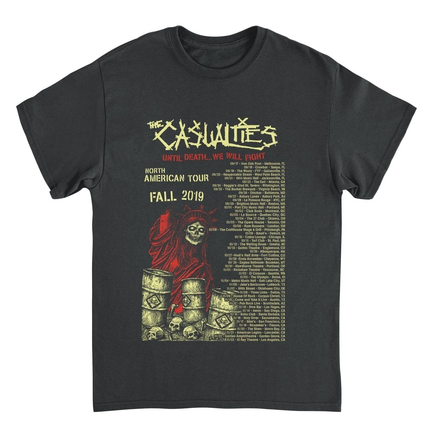 The Casualties Until Death Tour Back t shirt black with front skull reaper design and punk tour back print graphic