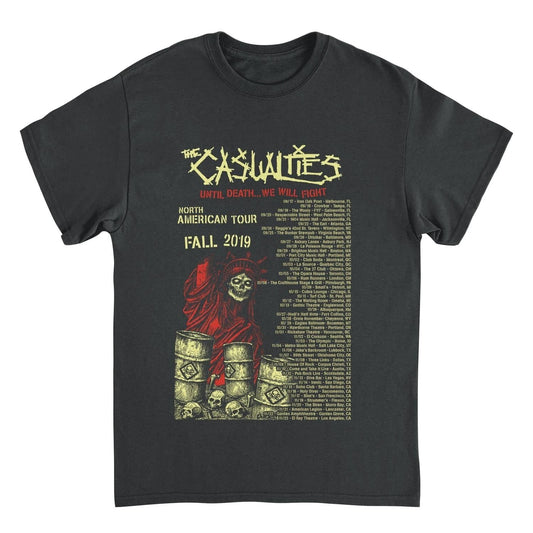The Casualties Until Death Tour Back t shirt black with front skull reaper design and punk tour back print graphic