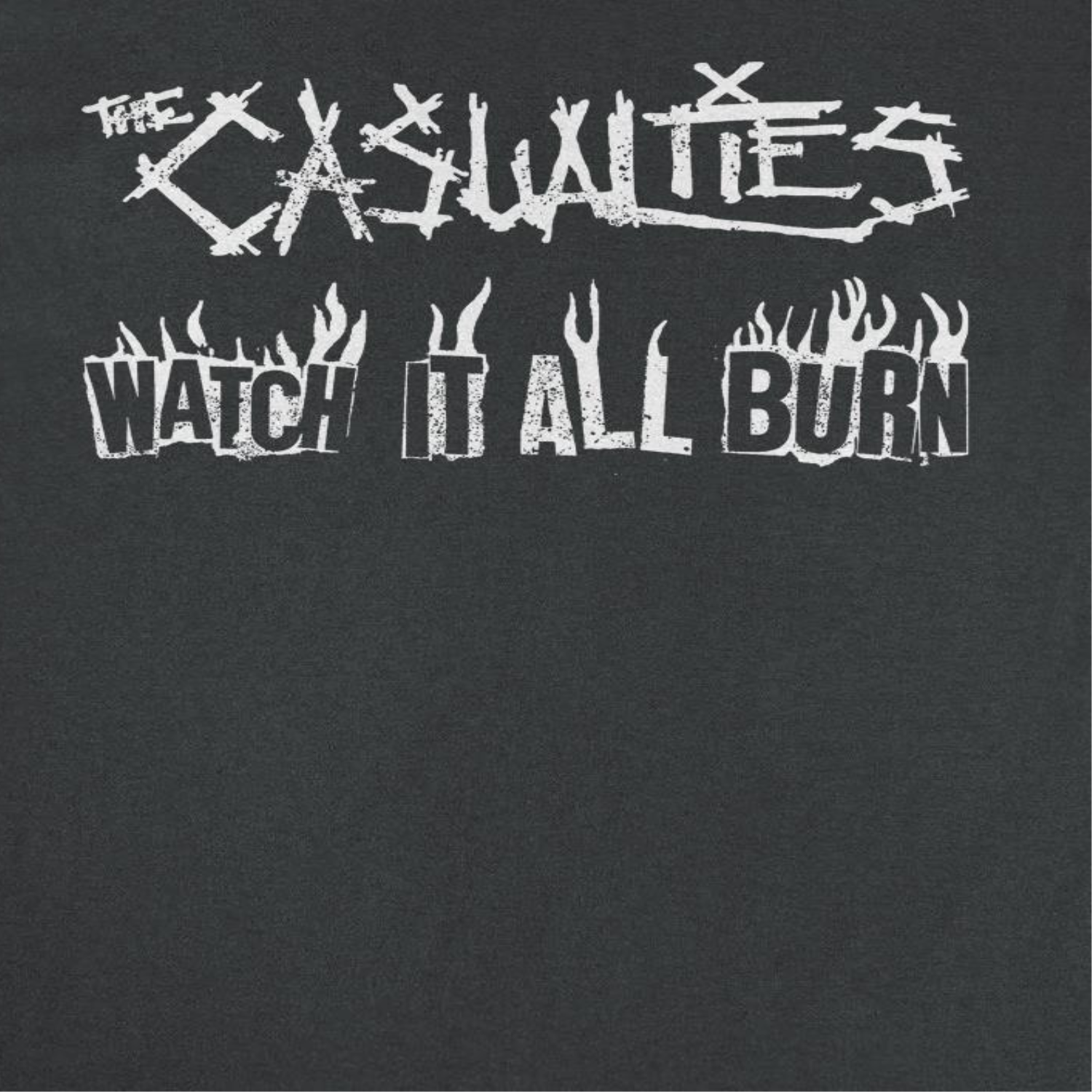 close up of The Casualties Watch It All Burn front print graphic on black punk band t shirt