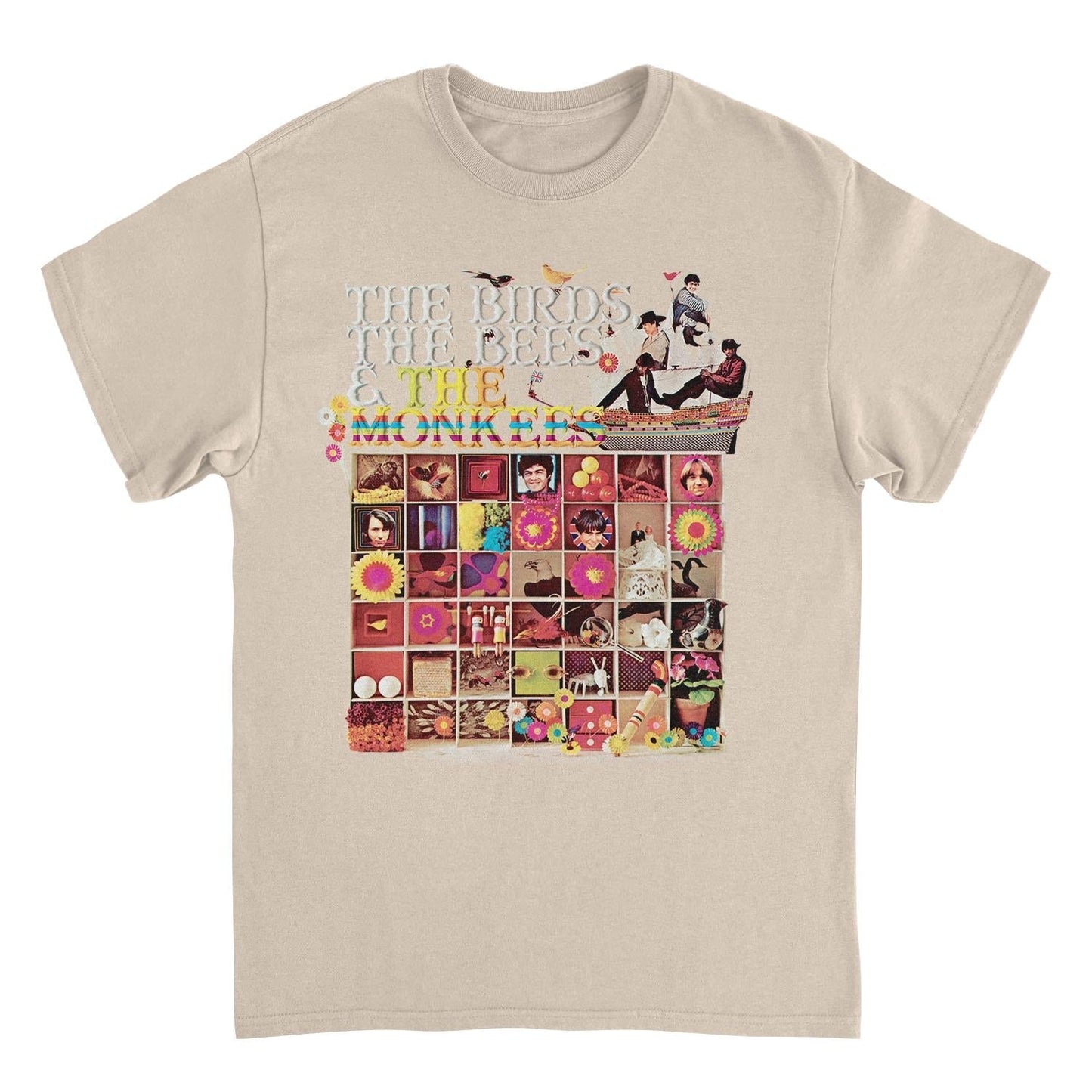 The Monkees Birds Bees t-shirt featuring colorful psychedelic-inspired 1960s pop rock artwork and vintage retro band design on a sand-colored tee