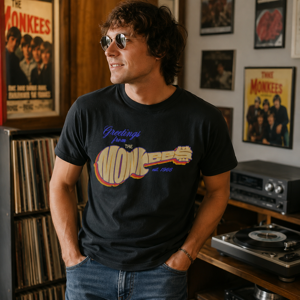 Male model wearing The Monkees guitar logo t-shirt in a retro vinyl record room featuring vintage 1960s pop-rock band style and classic music decor