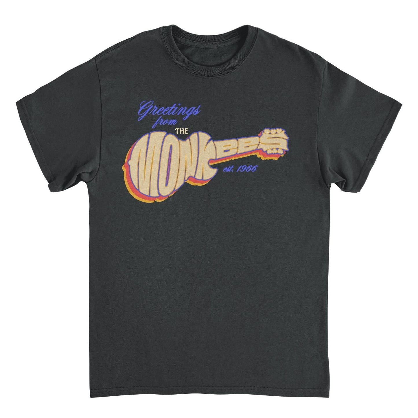 The Monkees guitar logo t-shirt featuring retro 1960s pop-rock artwork and vintage-inspired band graphics on a black officially licensed tee