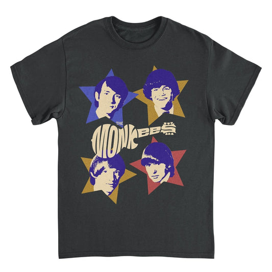 The Monkees Stars band t-shirt featuring colorful retro star graphics and vintage-inspired 1960s pop rock artwork on a black graphic tee