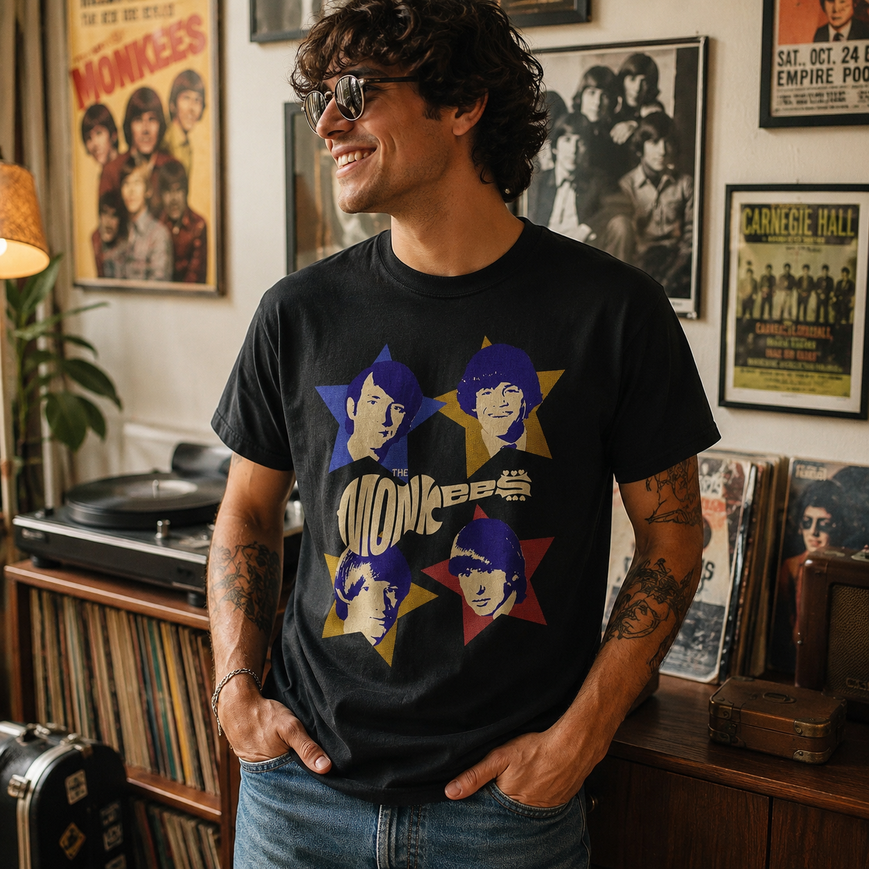 Male model wearing The Monkees Stars band t-shirt in a retro vinyl record room featuring vintage music posters and classic 1960s pop rock style decor