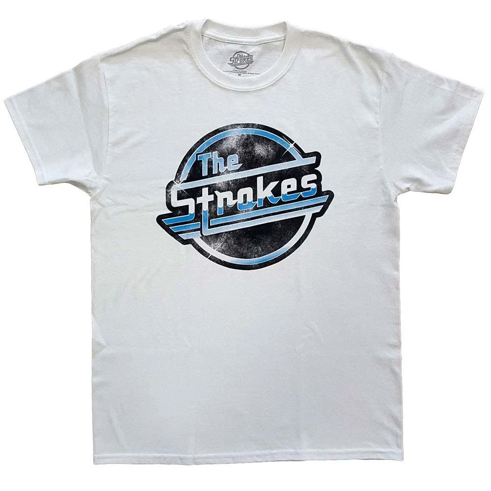 The Strokes original logo white t-shirt featuring classic indie rock band graphic design on men's cotton tee