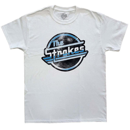 White t-shirt with 'The Strokes' logo on a white background