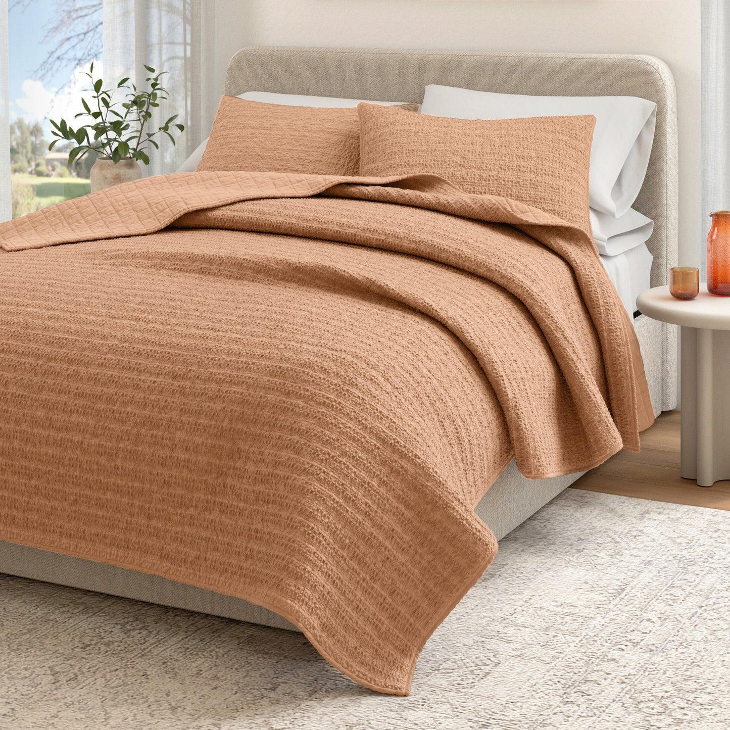 100% Cotton Honeycomb Waffle Garment Washed Quilt Set - Genevieve Collection