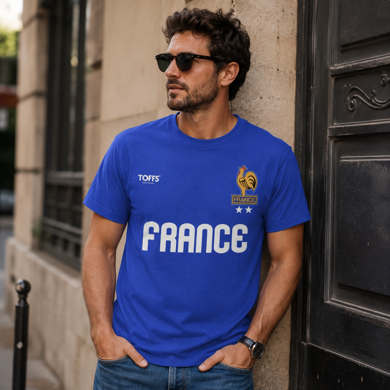 Male model wearing Toffs Retro Soccer France royal blue t-shirt with bold France lettering and rooster crest graphic