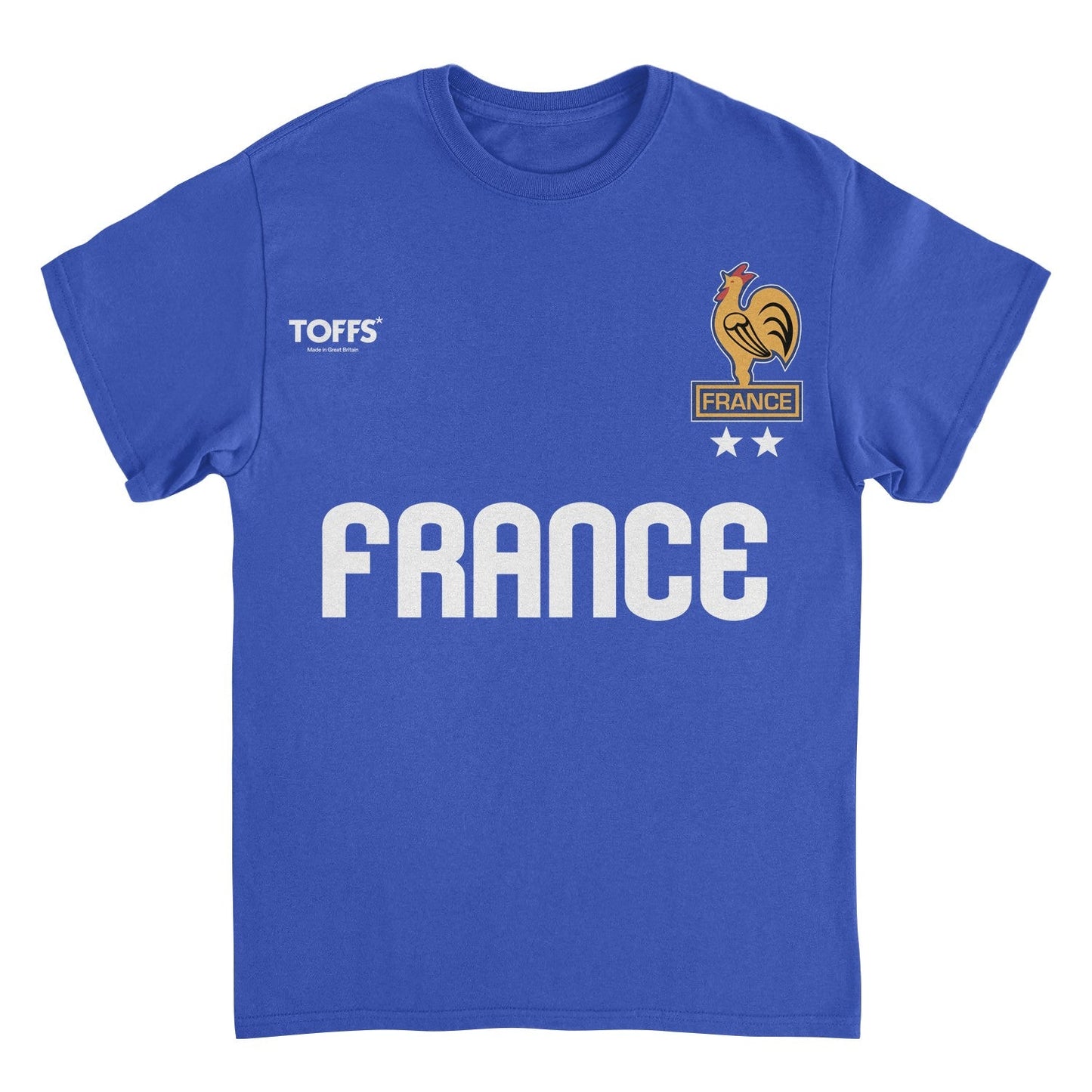 Toffs Retro Soccer France royal blue t-shirt with bold France lettering, rooster crest, and vintage futbol design