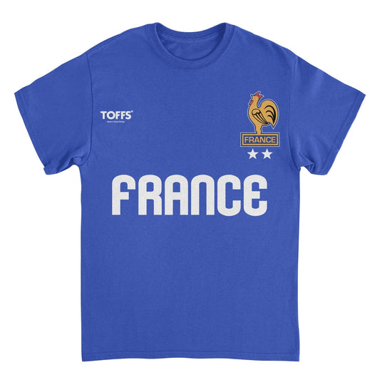 Toffs Retro Soccer France royal blue t-shirt with bold France lettering, rooster crest, and vintage futbol design