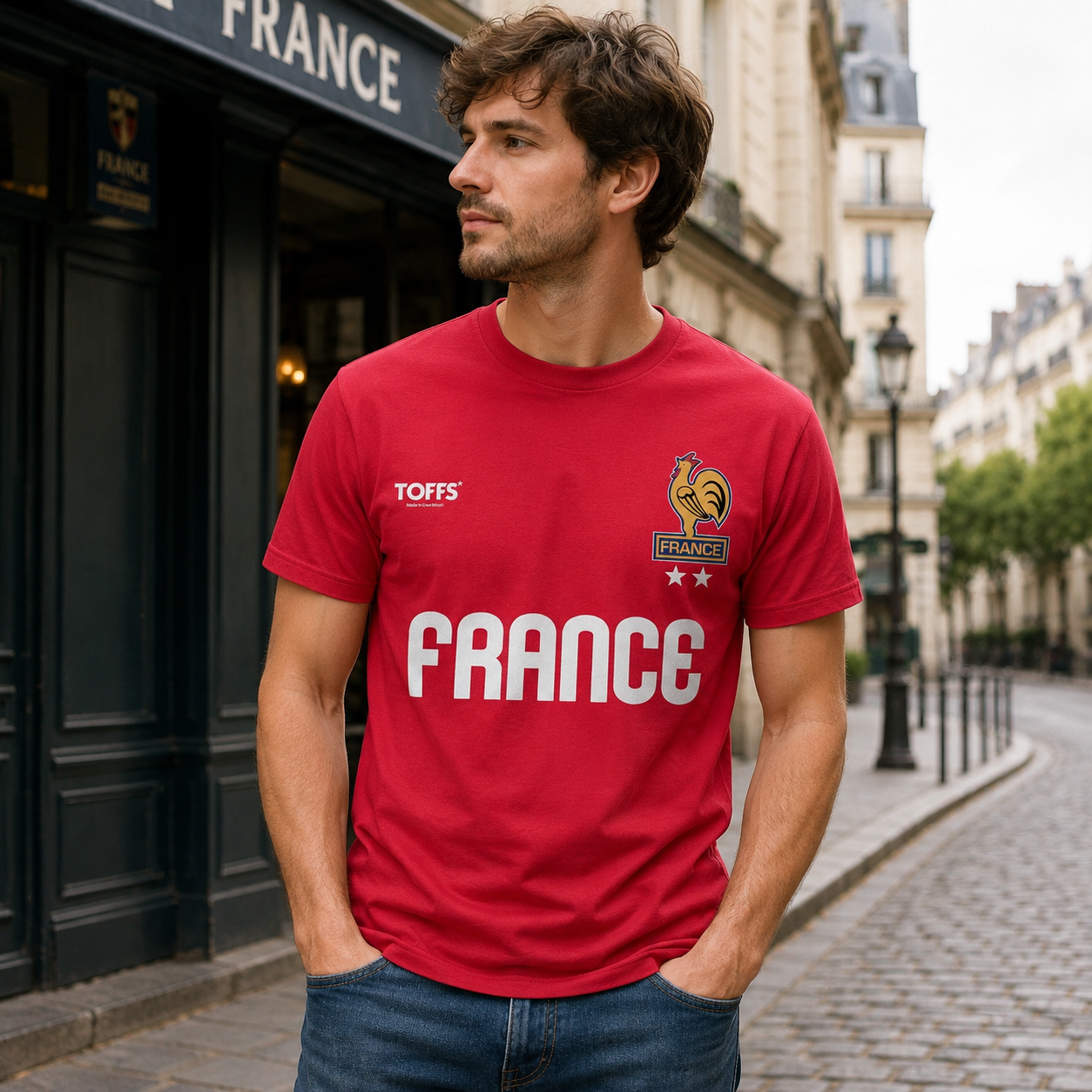 Male model wearing Toffs Retro Soccer France red t-shirt with bold France lettering, rooster crest artwork, and vintage futbol style