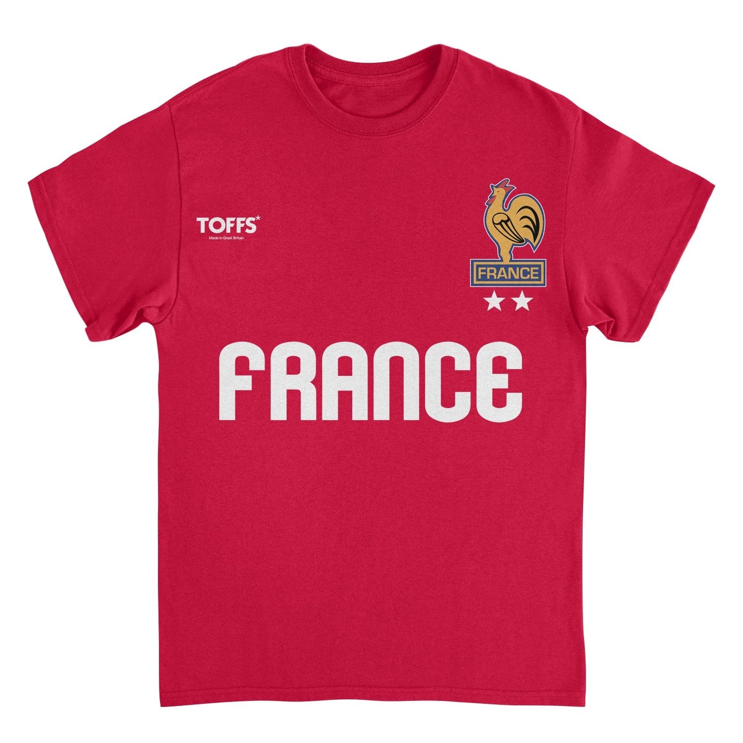 Toffs Retro Soccer France red t-shirt featuring bold France lettering, rooster crest artwork, and vintage futbol style
