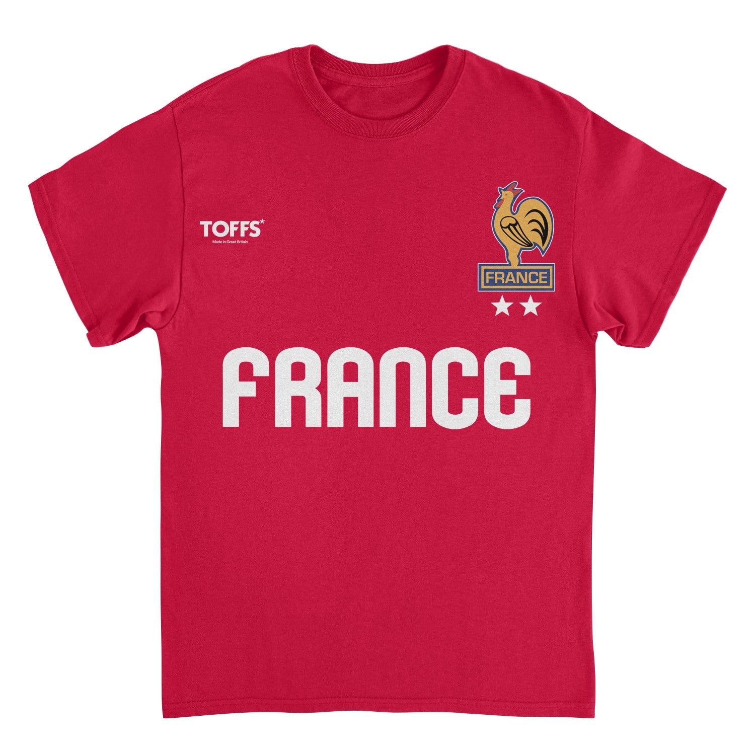 Toffs Retro Soccer France red t-shirt featuring bold France lettering, rooster crest artwork, and vintage futbol style