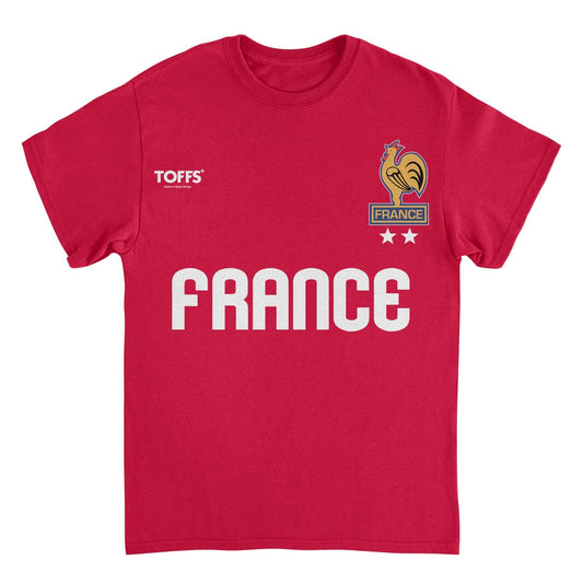 Toffs Retro Soccer France red t-shirt featuring bold France lettering, rooster crest artwork, and vintage futbol style