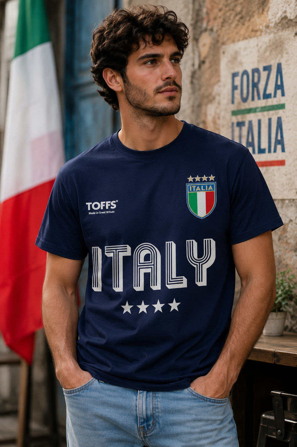 Male model wearing the Toffs Retro Soccer Italia Navy T-Shirt featuring vintage Italy soccer graphics and Italia crest in an Italian-inspired outdoor setting.