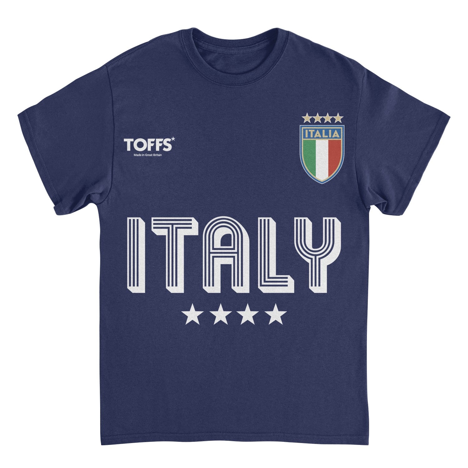 Toffs Retro Soccer Italia Navy T-Shirt featuring bold ITALY lettering, Italia crest, and vintage-inspired soccer design on a navy blue shirt.