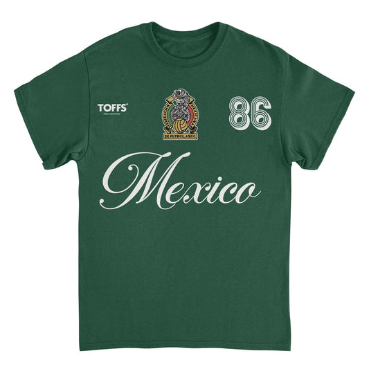 Toffs Retro Soccer Mexico Green T-Shirt with vintage futbol crest and 86 design
