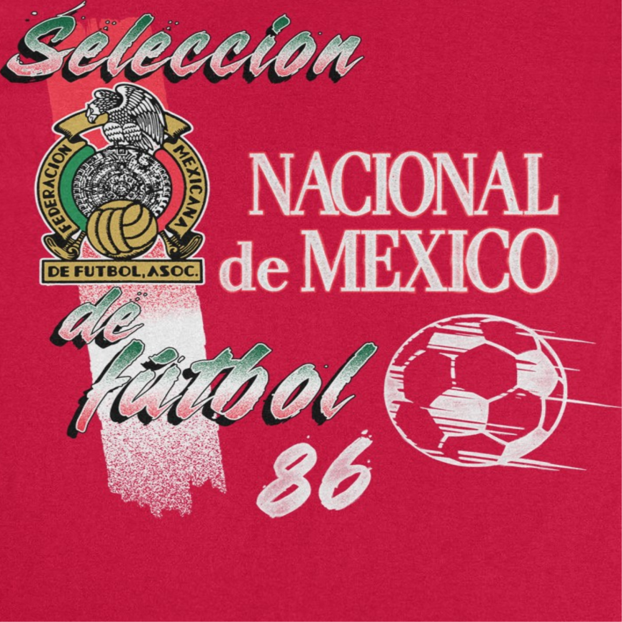 Close-up of Toffs Retro Soccer Mexico red t-shirt with Selección de Fútbol 86 graphic and vintage Mexico soccer artwork