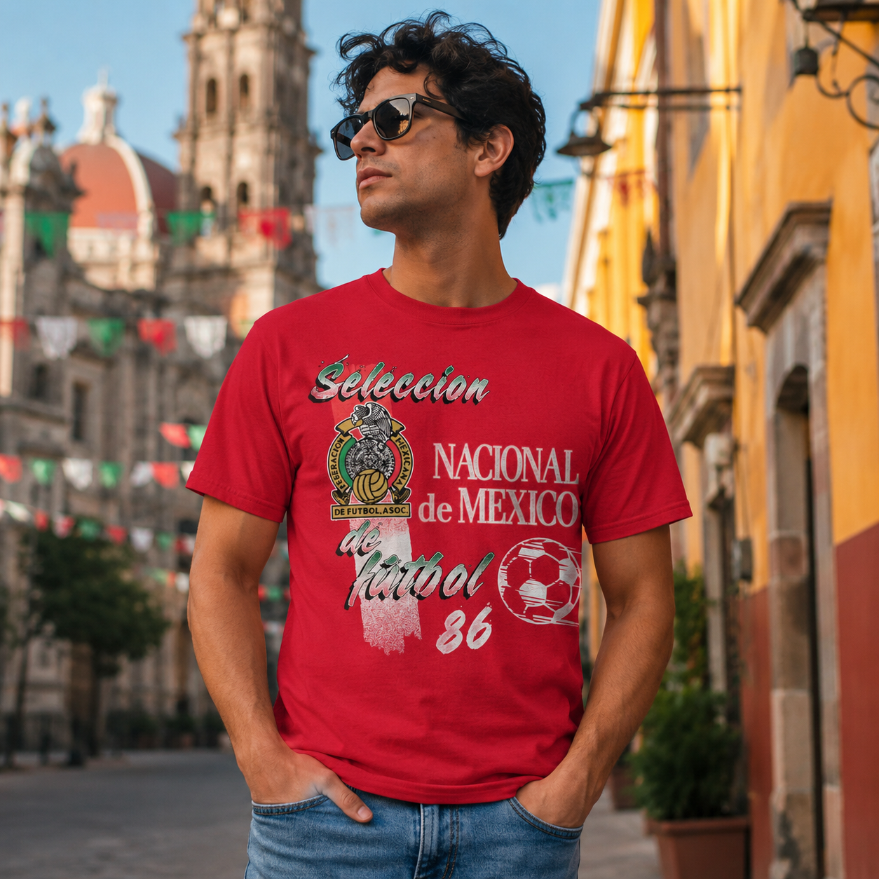 Male model wearing Toffs Retro Soccer Mexico red t-shirt in a vintage city street setting with Mexico soccer graphic visible