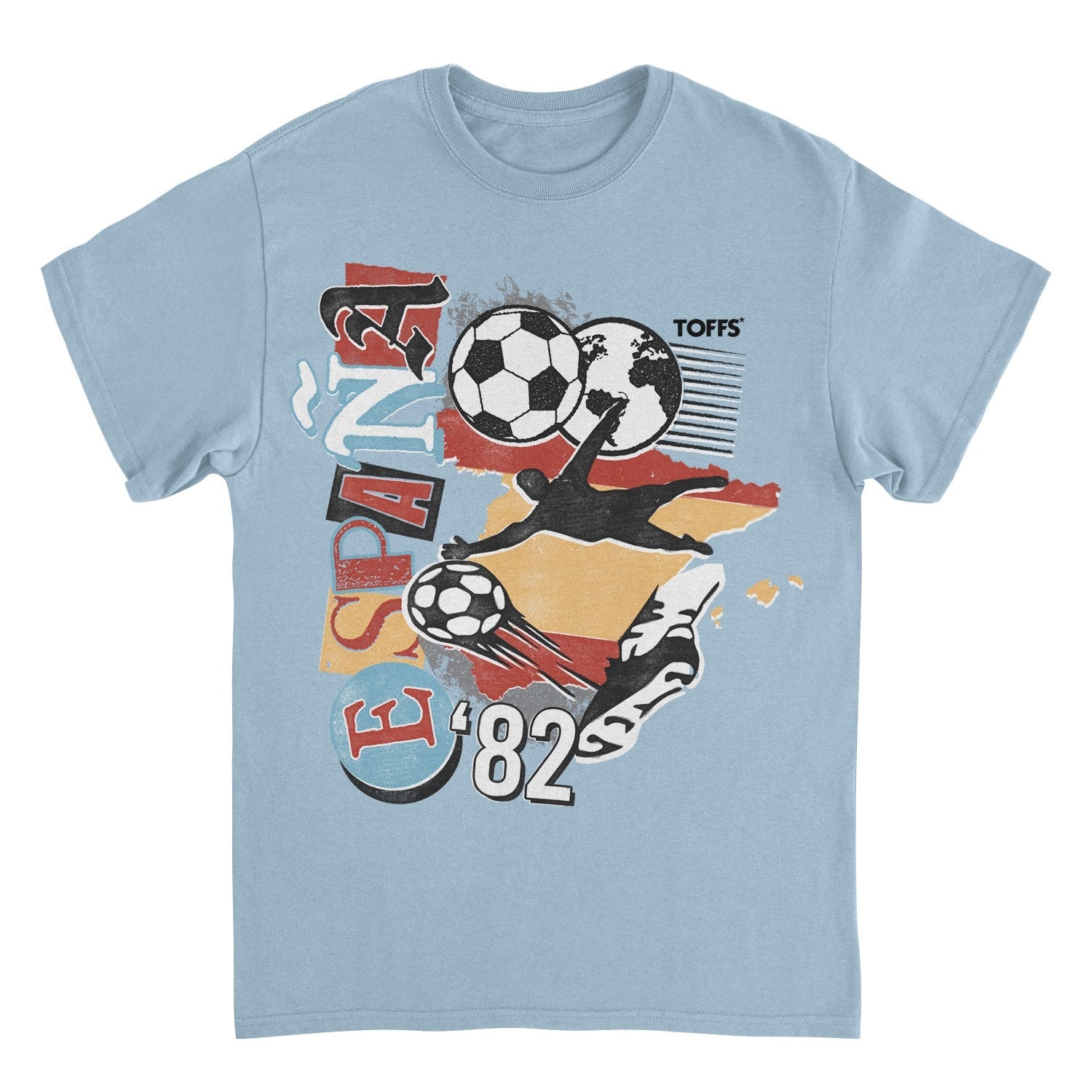 Toffs Retro Soccer Spain Light Blue T-Shirt featuring España futbol artwork, soccer balls, globe graphic, and vintage 82 athletic design.