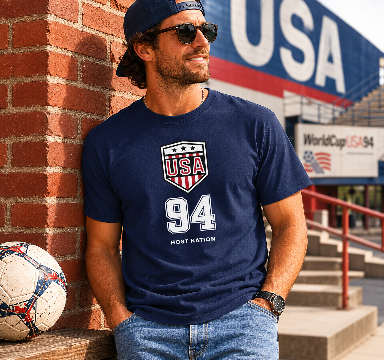 Male model wearing Toffs Retro Soccer USA 94 Host Nation navy t-shirt near soccer stadium with vintage USA graphic