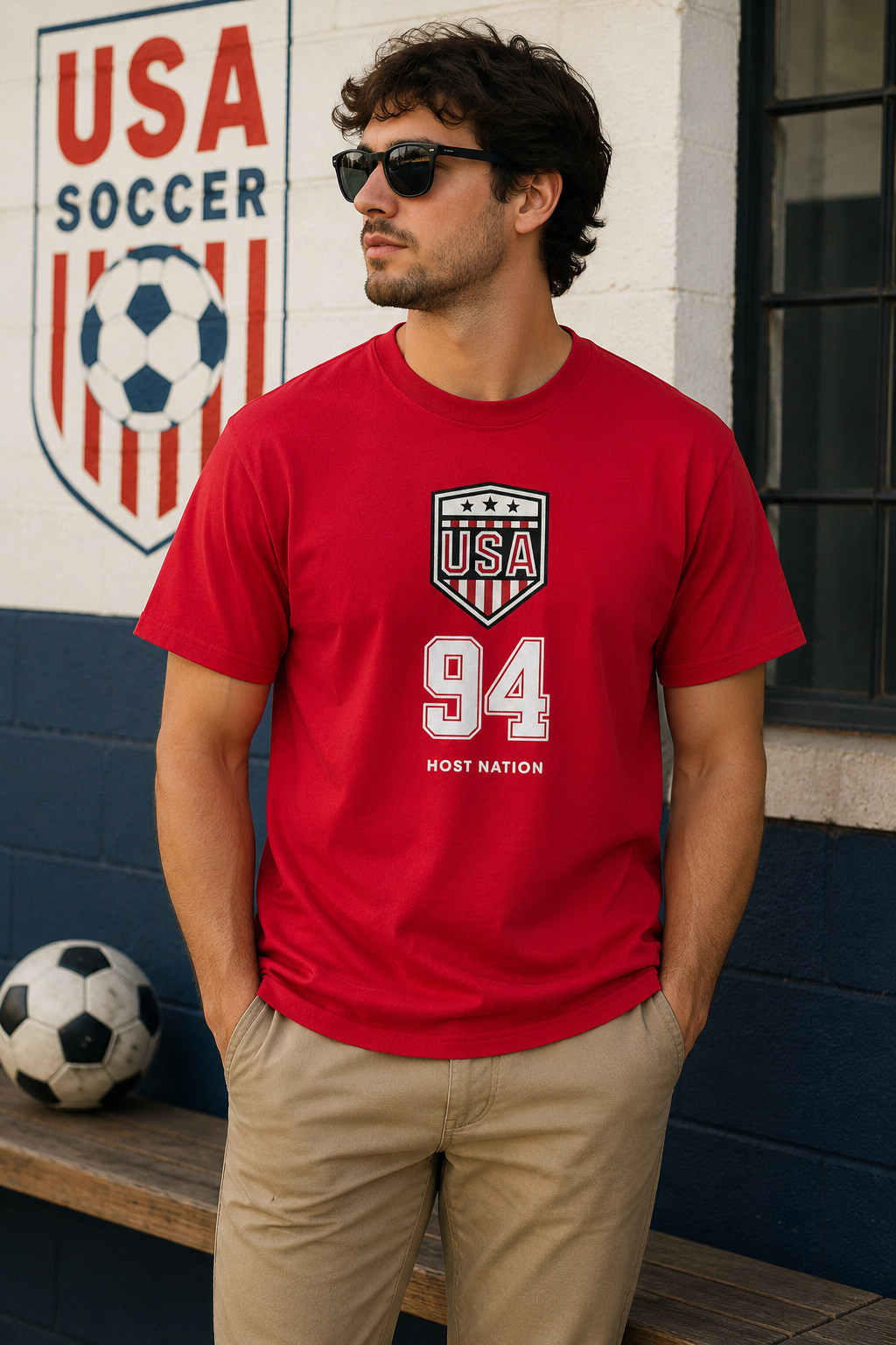 Male model wearing a Toffs Retro Soccer USA 94 Host Nation red t-shirt featuring a vintage USA soccer crest and classic 94 graphic inspired by retro football style.