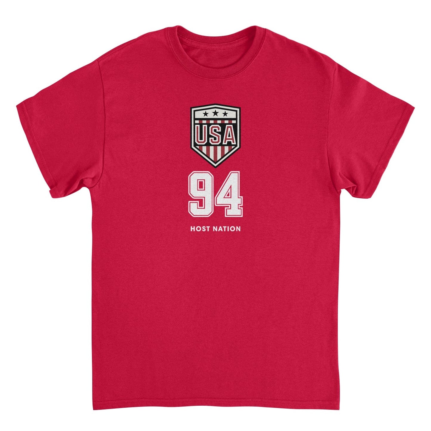 Toffs Retro Soccer USA 94 Host Nation red t-shirt featuring a vintage USA crest and 94 graphic inspired by classic American soccer and World Cup football history.