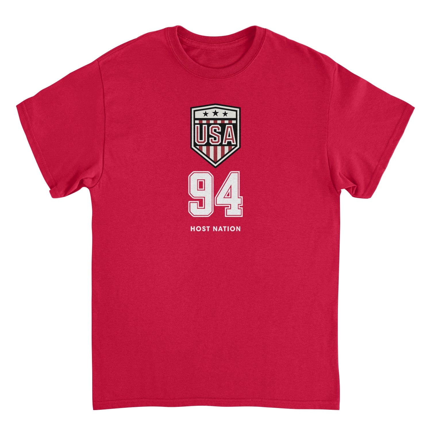 Toffs Retro Soccer USA 94 Host Nation red t-shirt featuring a vintage USA crest and 94 graphic inspired by classic American soccer and World Cup football history.