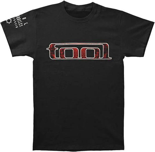 Tool band t-shirt featuring red logo graphic on black tee, officially licensed progressive metal band merch