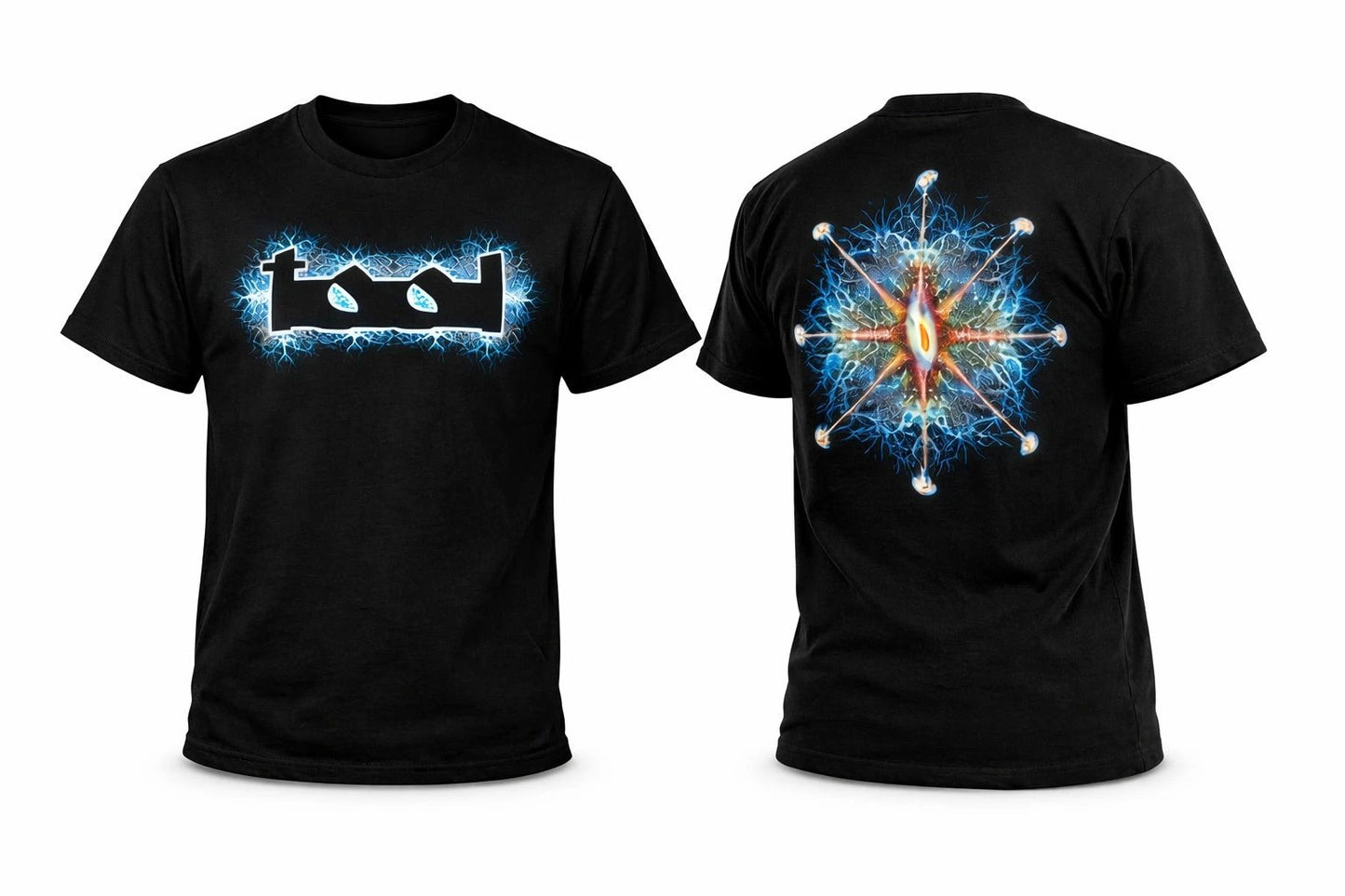 Tool band t shirt front and back view with blue electric logo and detailed back graphic design