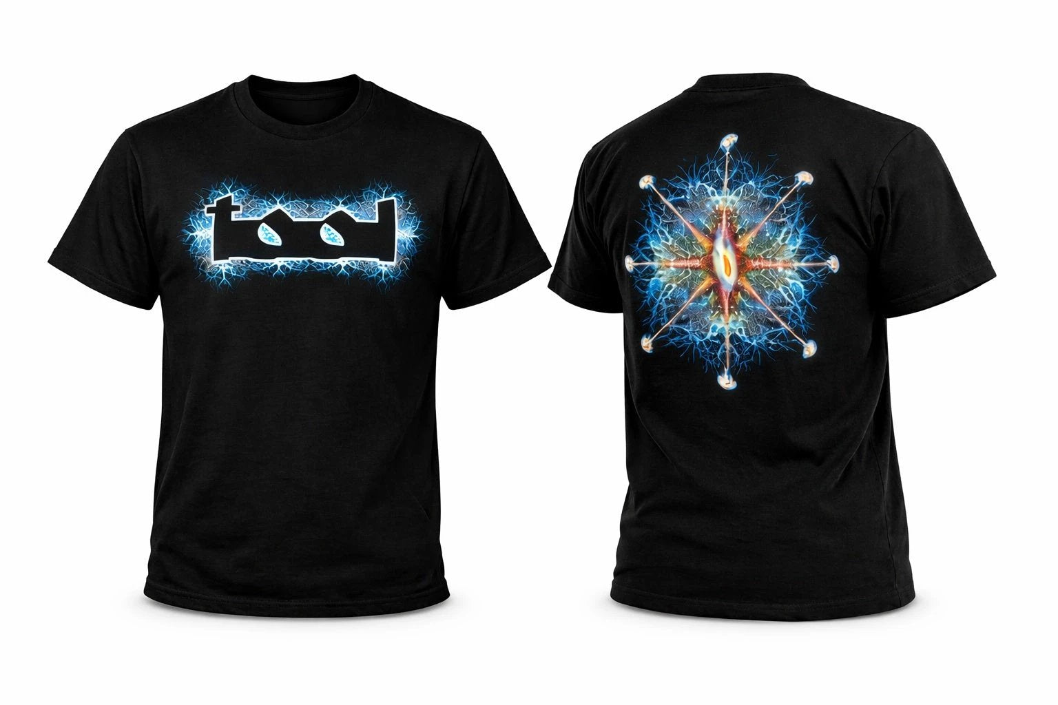 Tool band t shirt front and back view with blue electric logo and detailed back graphic design