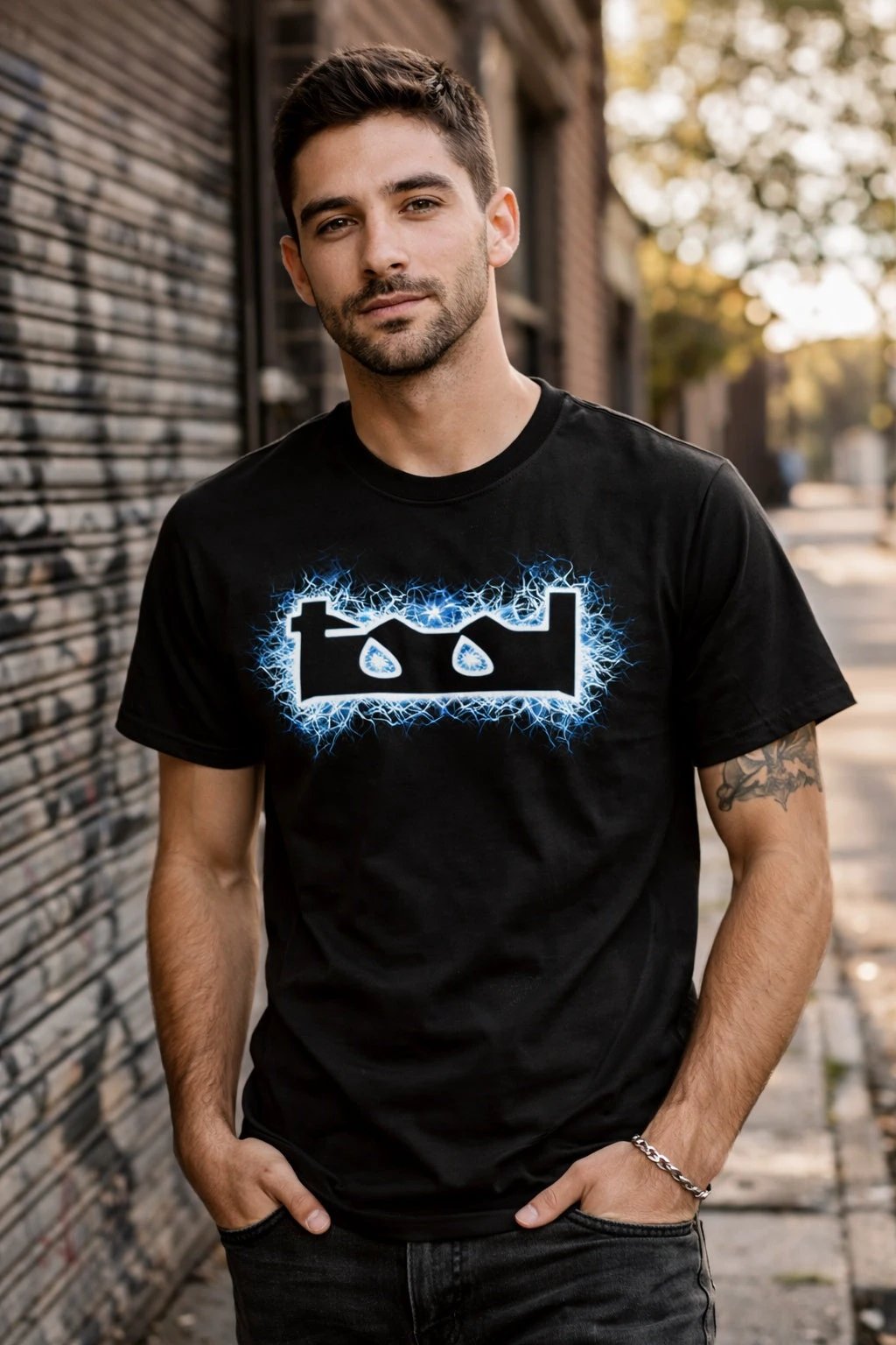 male model wearing Tool band t shirt with blue electric logo in urban street setting showing full face and casual style