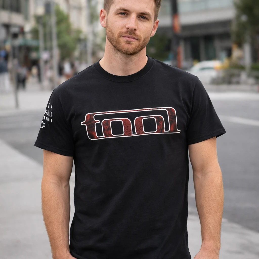 male model wearing Tool red pattern logo t-shirt black street style showing official progressive metal band merch design