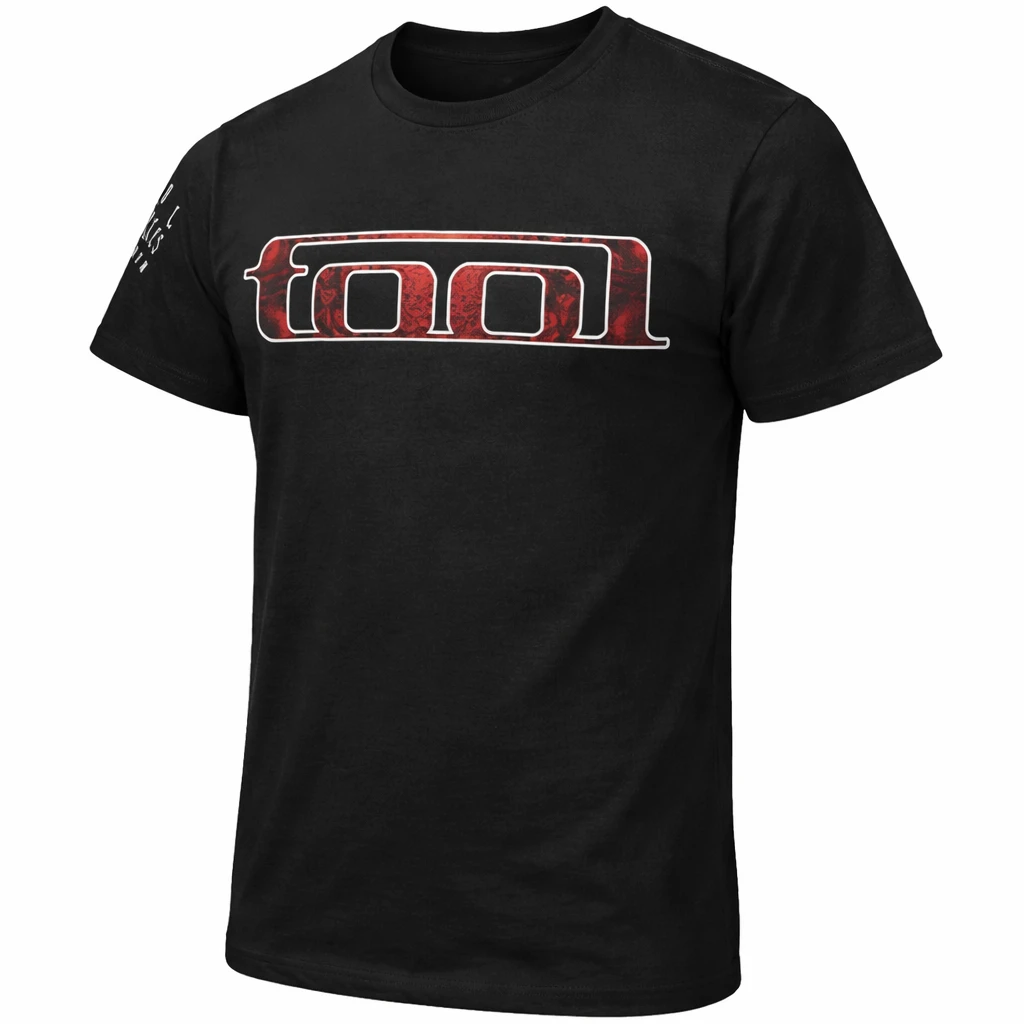 Tool red pattern logo t-shirt shown at right angle on black tee featuring official progressive metal band merch design