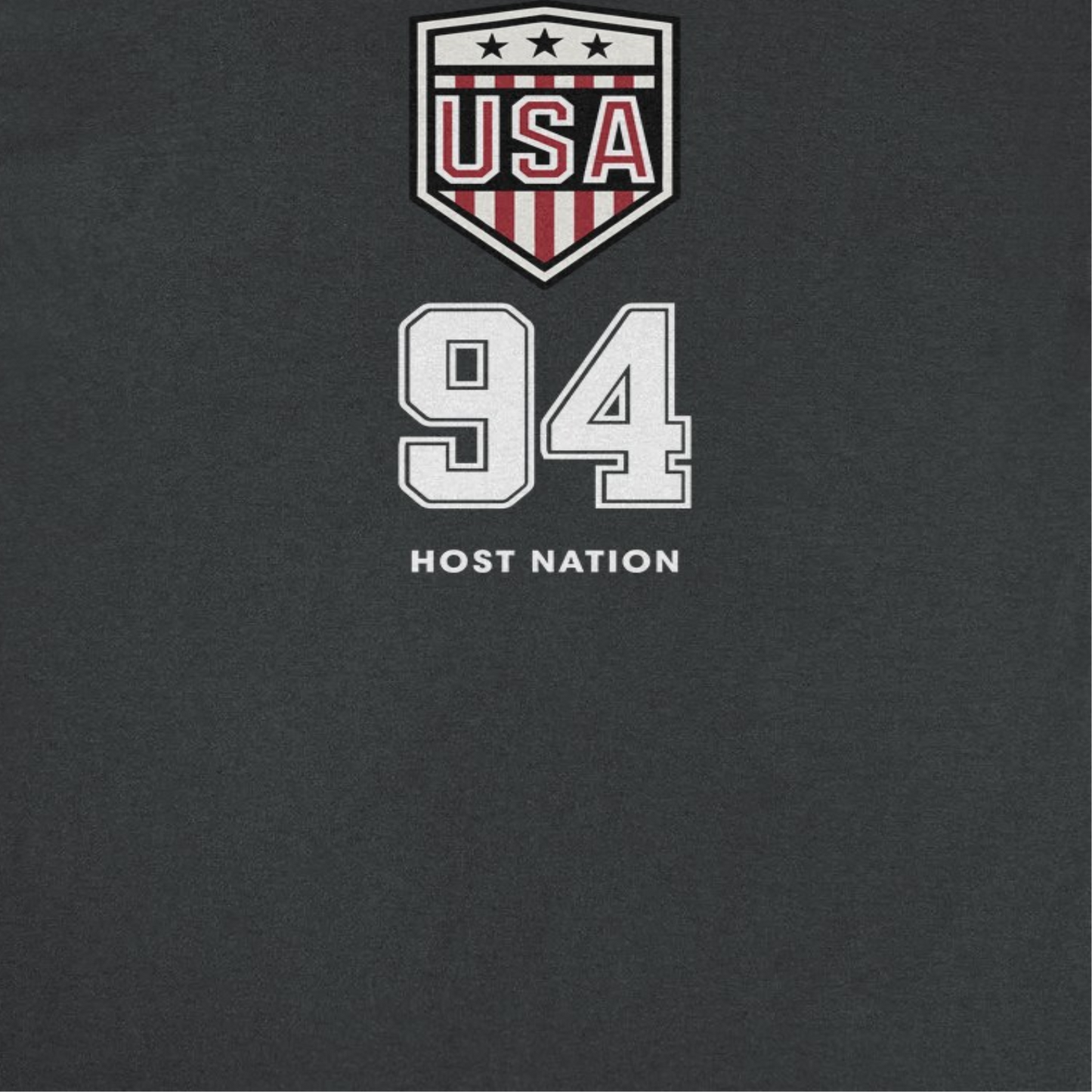 Close-up of USA logo black retro soccer t-shirt featuring shield crest artwork, number 94 detail, and host nation design
